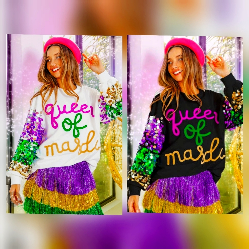WHITE Bibi Mardi Gras sweater - Queen of Mardi.